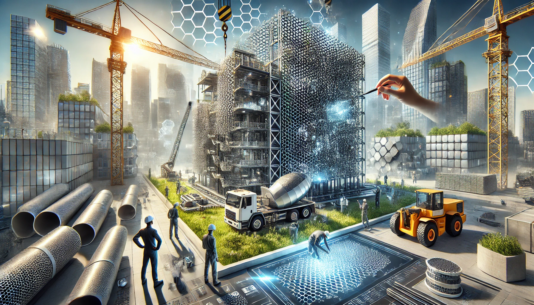 DALL·E 2024-12-03 17.55.54 - A photorealistic illustration titled 'Graphene in Construction.' It features a futuristic construction site where advanced technology is being used. A Graphene in Construction