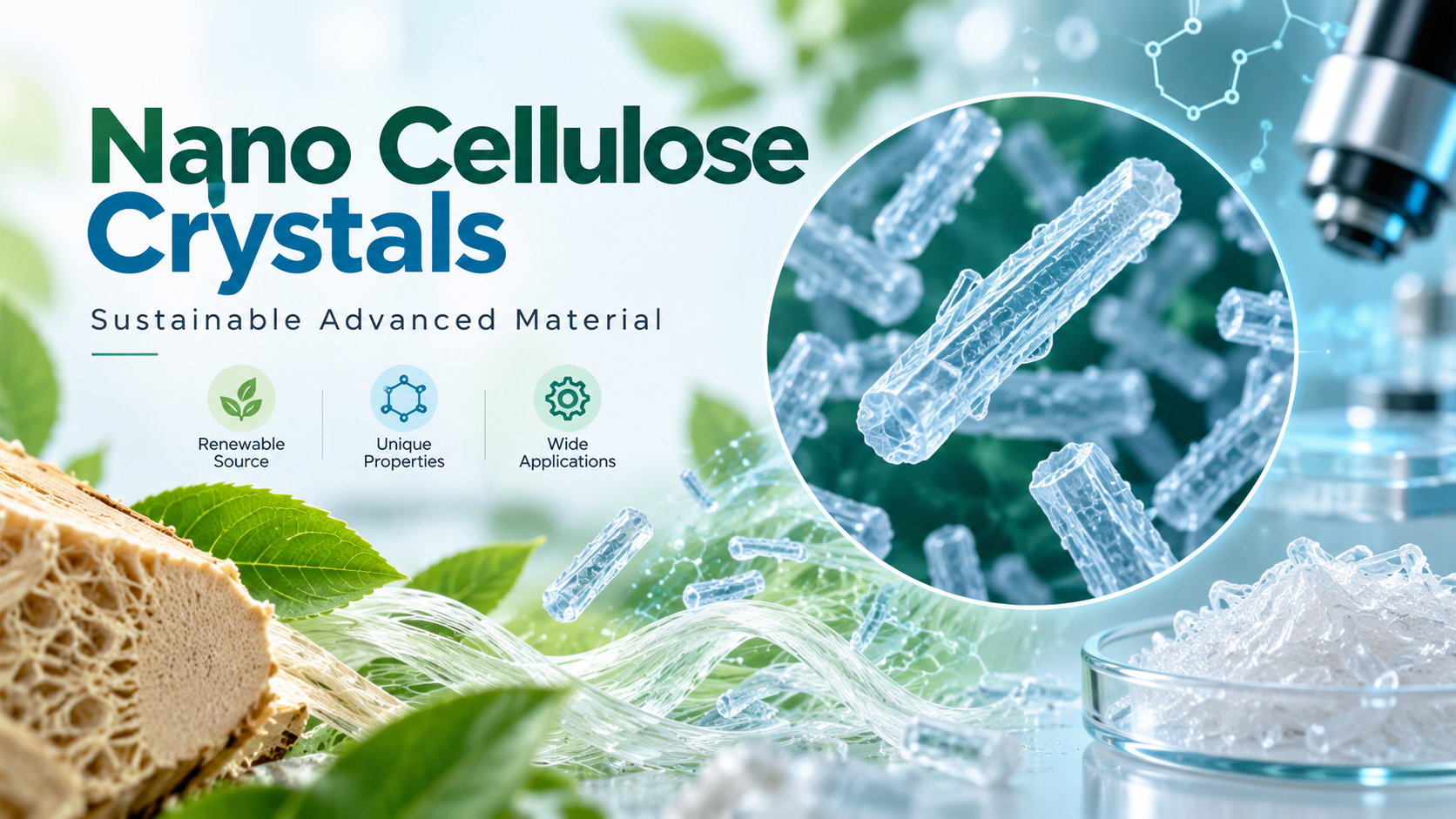 Nano Cellulose Crystals showing microscopic crystalline structures, renewable plant-based sources, and applications in sustainable advanced materials.