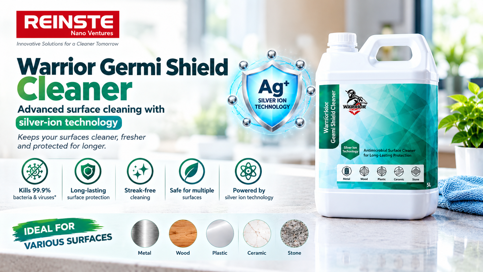 Warrior Germi Shield Cleaner 5L featuring silver-ion technology for surface cleaning on suitable surfaces.