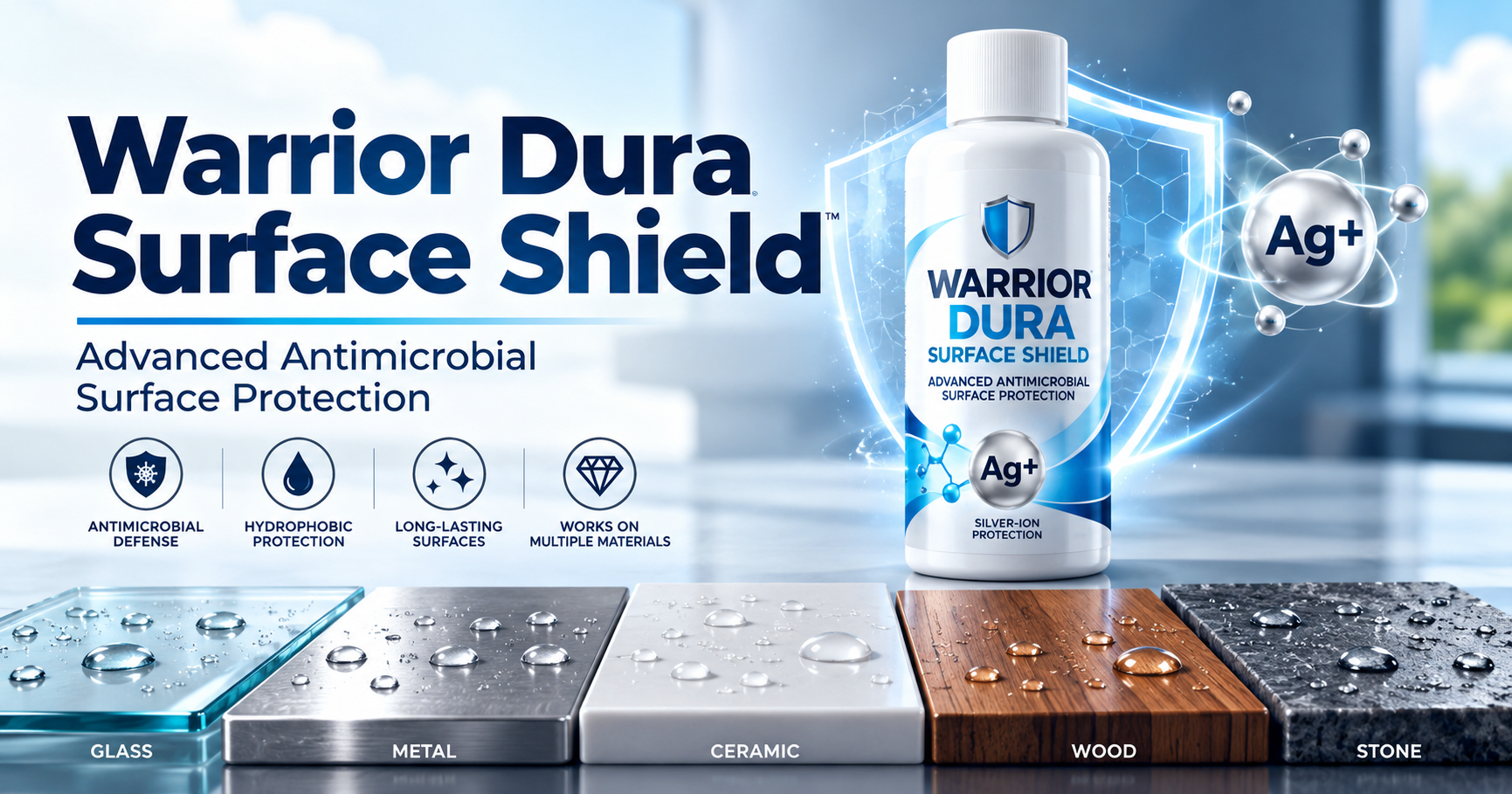 Warrior Dura Surface Shield antimicrobial coating with silver ion technology for glass, metal, ceramic, wood and stone