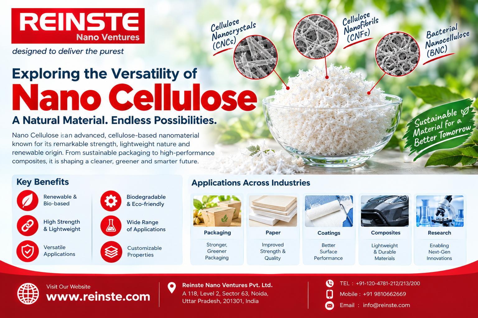Nano Cellulose nanomaterial by REINSTE Nano Ventures for sustainable packaging, paper, coatings, composites, and scientific research.