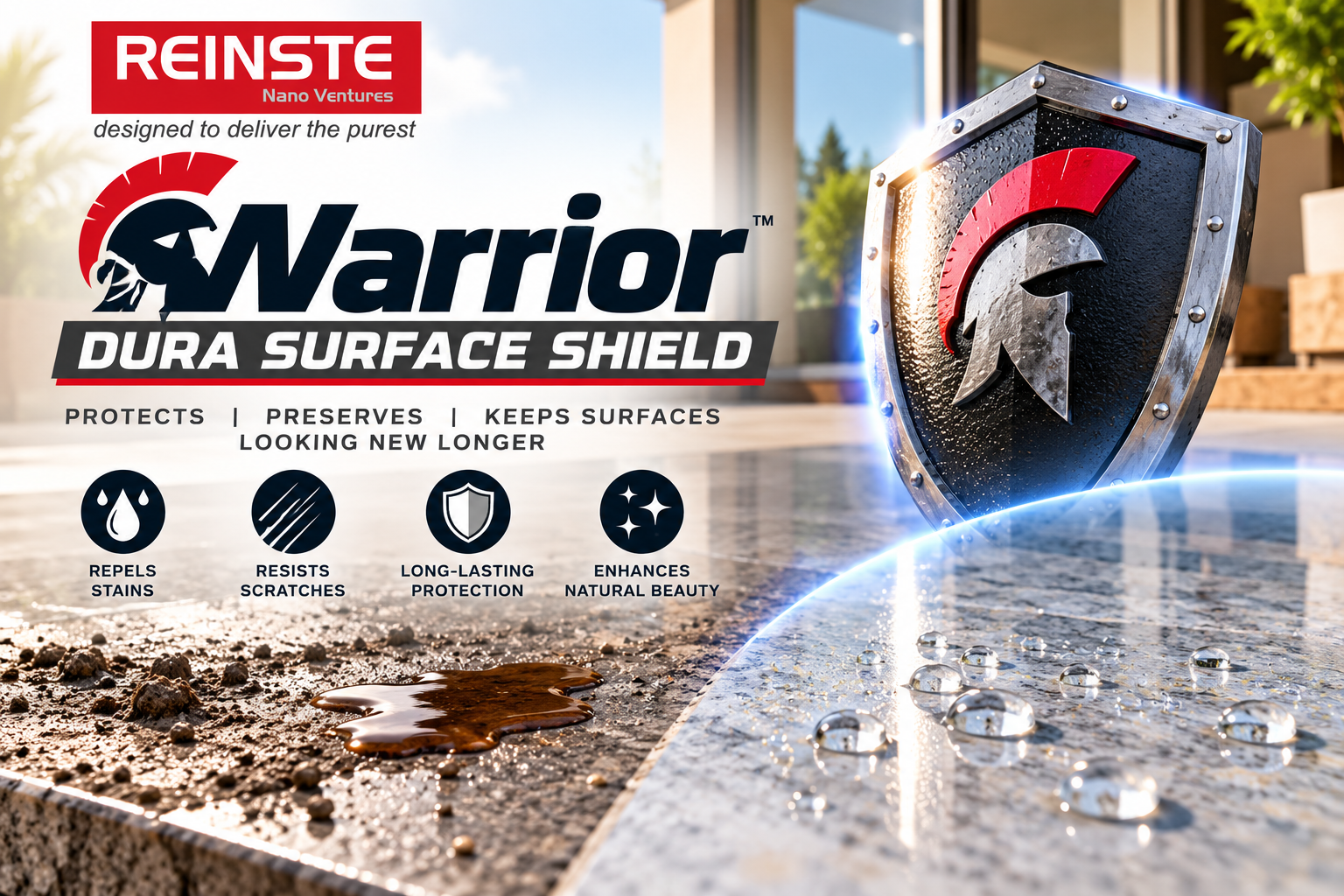 Warrior Dura Surface Shield by Reinste Nano Ventures showcasing protective surface coating designed to resist stains, scratches, and everyday wear.