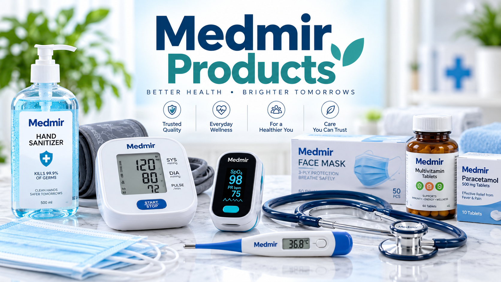 Medmir Products featuring healthcare essentials including digital blood pressure monitors, pulse oximeters, thermometers, face masks, hand sanitizers, and medical accessories.
