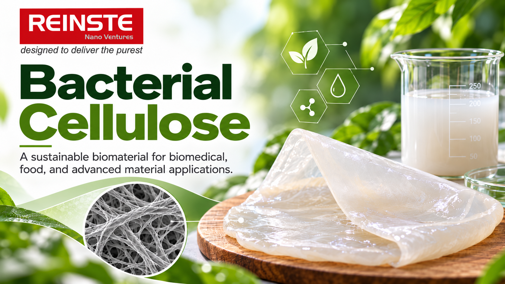Bacterial cellulose transparent sheets with a nanofiber structure illustration, laboratory beaker, and REINSTE Nano Ventures logo.